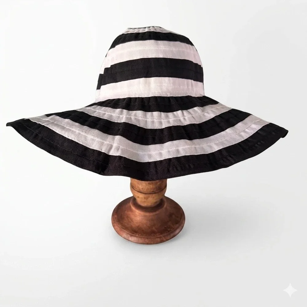 Kallina Sun Hat‎ Black White Striped UPF 50+ Packable Crushable Beachwear Resort